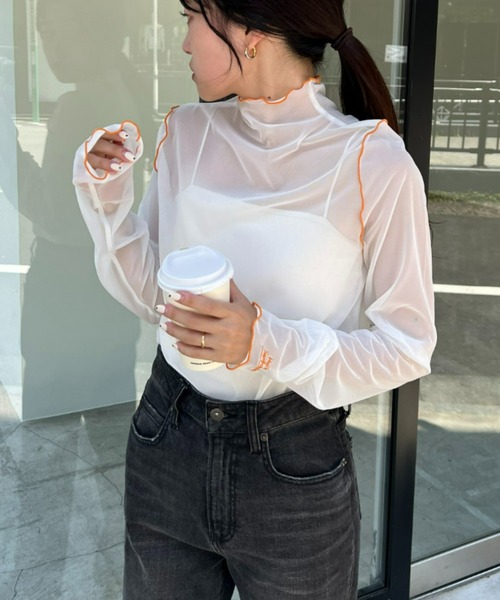 HELLO.SANFRANCISCO（ハローサンフランシスコ）の「【HELLO.SANFRANCISCO/ハローサンフランシスコ】配色メローシアーネットタートル（Tシャツ/カットソー・レディース・オフホワイト/サックスブルー/グリーン/ピンク・ONE SIZE）」の6枚目の写真