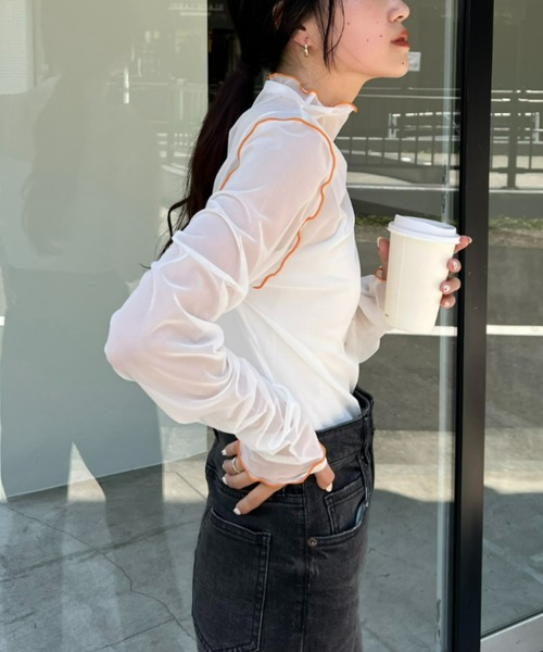 HELLO.SANFRANCISCO（ハローサンフランシスコ）の「【HELLO.SANFRANCISCO/ハローサンフランシスコ】配色メローシアーネットタートル（Tシャツ/カットソー・レディース・オフホワイト/サックスブルー/グリーン/ピンク・ONE SIZE）」の7枚目の写真