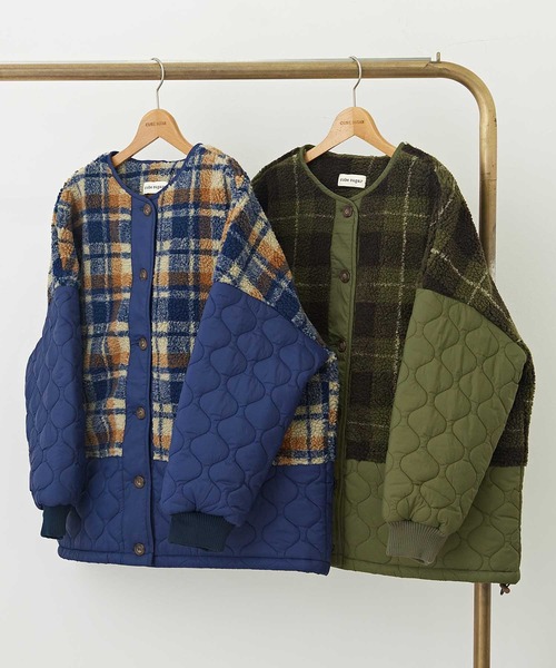 CUBE SUGAR（キューブシュガー）の「チェックボア×キルティングノーカラーブルゾン（ブルゾン・レディース・カーキ/ネイビー・M）」の19枚目の写真