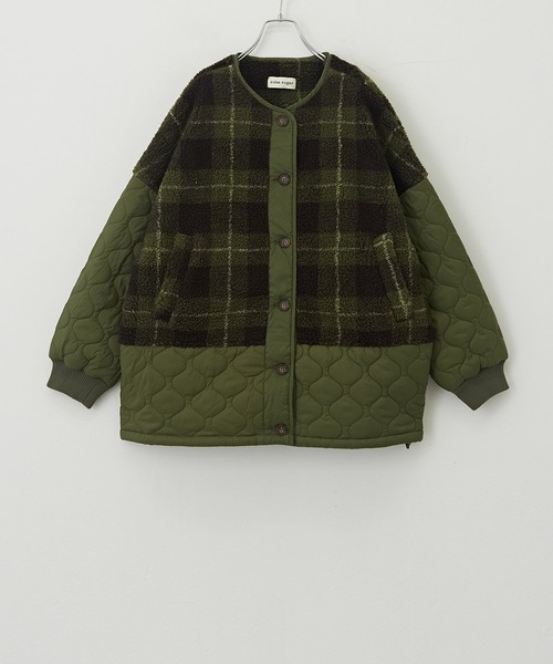 CUBE SUGAR（キューブシュガー）の「チェックボア×キルティングノーカラーブルゾン（ブルゾン・レディース・カーキ/ネイビー・M）」の20枚目の写真