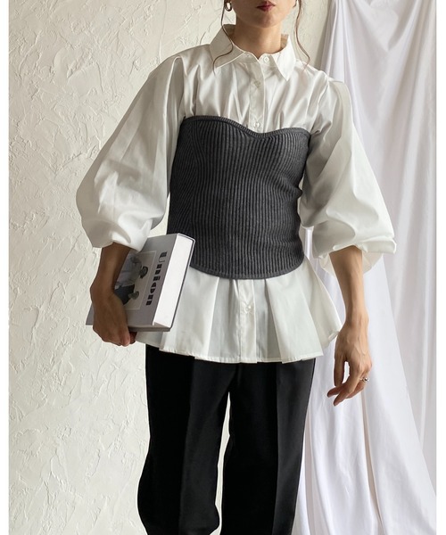 She's Closet（シーズクローゼット）の「ショート丈リブニットコルセットビスチェトップス（チューブトップ・レディース・杢グレー/アイボリー/ブラック・FREE）」の9枚目の写真