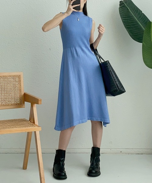 ラベンダー ノースリーブニットワンピース カーディガン付き moment+ ワンピース 「セットアップニット」前後2WAYリボンミックス