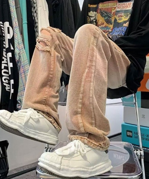 Auntie Rosa(アンティローザ)の「ビンテージブラウンウォッシュクラッシュダメージデニムパンツ(デニムパンツ・メンズ・ベージュ・MEDIUM/LARGE/X-LARGE)」の3枚目の写真