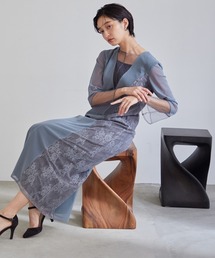 〔Callarus〕Vネックチュールデザインロング丈ワンピースドレス