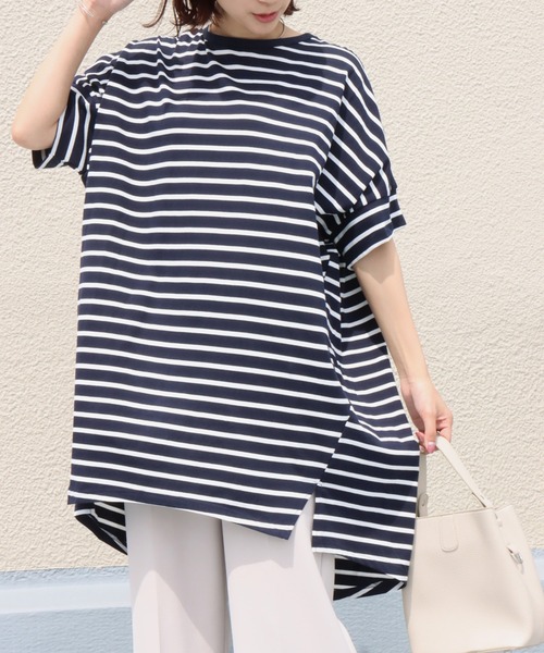 libelle more(リベル モア)の「《接触冷感》USAコットン ボーダーコクーンワンピース(ワンピース・レディース・ブラック×ホワイト/ホワイト×ピンク/ベージュ系その他/ホワイト×ネイビー/ホワイト×グリーン/ブラウン系その他/ネイビー×ホワイト・M)」の2枚目の写真