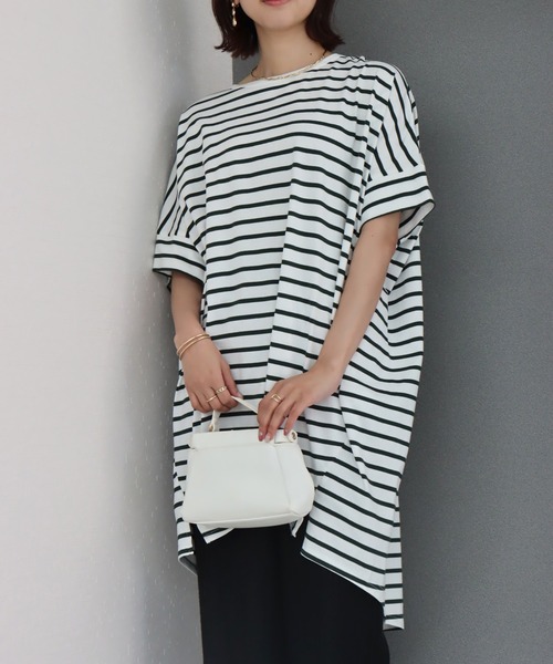 libelle more(リベル モア)の「《接触冷感》USAコットン ボーダーコクーンワンピース(ワンピース・レディース・ブラック×ホワイト/ホワイト×ピンク/ベージュ系その他/ホワイト×ネイビー/ホワイト×グリーン/ブラウン系その他/ネイビー×ホワイト・M)」の3枚目の写真