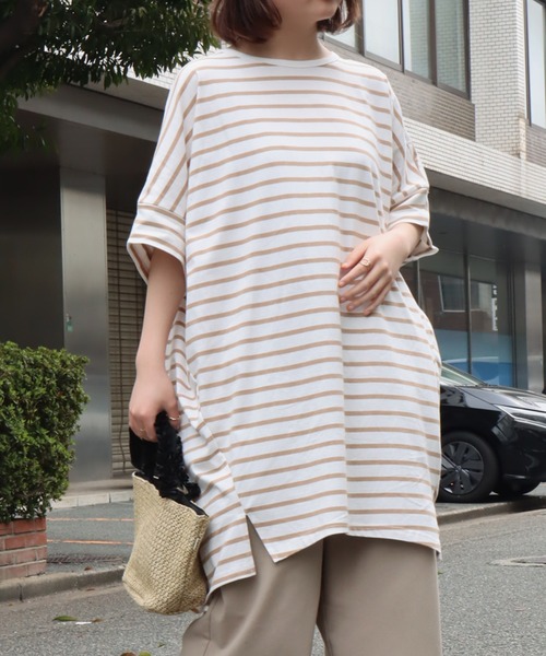 libelle more(リベル モア)の「《接触冷感》USAコットン ボーダーコクーンワンピース(ワンピース・レディース・ブラック×ホワイト/ホワイト×ピンク/ベージュ系その他/ホワイト×ネイビー/ホワイト×グリーン/ブラウン系その他/ネイビー×ホワイト・M)」の1枚目の写真