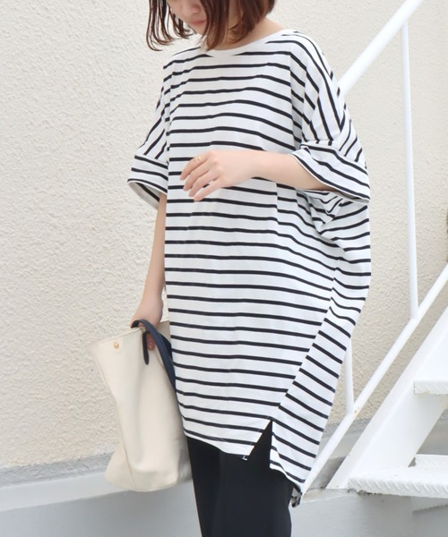 libelle more(リベル モア)の「《接触冷感》USAコットン ボーダーコクーンワンピース(ワンピース・レディース・ブラック×ホワイト/ホワイト×ピンク/ベージュ系その他/ホワイト×ネイビー/ホワイト×グリーン/ブラウン系その他/ネイビー×ホワイト・M)」の4枚目の写真