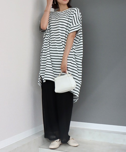 libelle more(リベル モア)の「《接触冷感》USAコットン ボーダーコクーンワンピース(ワンピース・レディース・ブラック×ホワイト/ホワイト×ピンク/ベージュ系その他/ホワイト×ネイビー/ホワイト×グリーン/ブラウン系その他/ネイビー×ホワイト・M)」の8枚目の写真