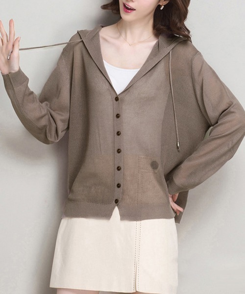 Miniministore(ミニミニストア)の「ニットパーカー 長袖 サマーカーディガン(ニット/セーター・レディース・ピンクベージュ/ブラック/グレイッシュベージュ/ブルー/ミント/パープル/ベージュ/ホワイト・FREE)」の4枚目の写真