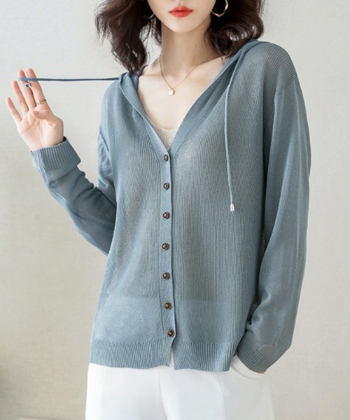 Miniministore(ミニミニストア)の「ニットパーカー 長袖 サマーカーディガン(ニット/セーター・レディース・ピンクベージュ/ブラック/グレイッシュベージュ/ブルー/ミント/パープル/ベージュ/ホワイト・FREE)」の6枚目の写真