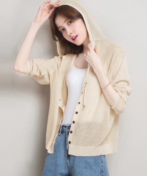 Miniministore(ミニミニストア)の「ニットパーカー 長袖 サマーカーディガン(ニット/セーター・レディース・ピンクベージュ/ブラック/グレイッシュベージュ/ブルー/ミント/パープル/ベージュ/ホワイト・FREE)」の13枚目の写真
