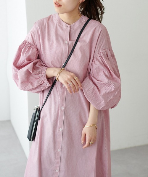 セール】【WEB限定】スタンドカラー袖ボリュームワンピース（シャツ