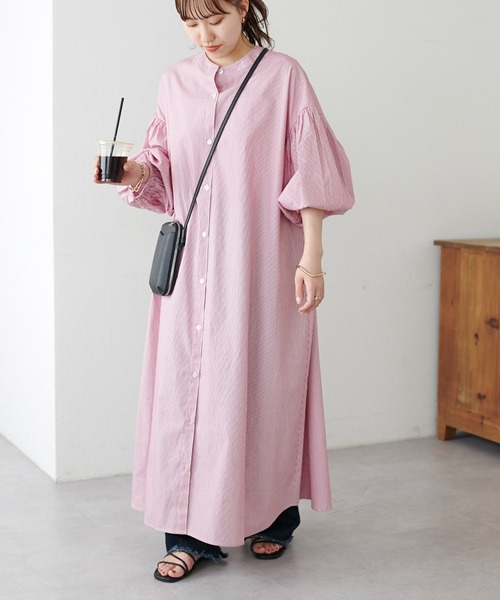 セール】【WEB限定】スタンドカラー袖ボリュームワンピース（シャツ