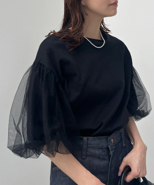 y/m（イム）の「カット×チュールボリュームスリーブトップス（Tシャツ/カットソー・レディース・オフホワイト/ブラック・FREE）」の7枚目の写真