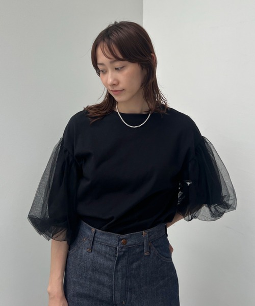 y/m（イム）の「カット×チュールボリュームスリーブトップス（Tシャツ/カットソー・レディース・オフホワイト/ブラック・FREE）」の8枚目の写真