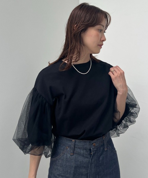 y/m（イム）の「カット×チュールボリュームスリーブトップス（Tシャツ/カットソー・レディース・オフホワイト/ブラック・FREE）」の10枚目の写真