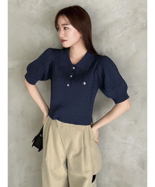 dazzlin polo ニットトップス　ネイビー　ケーブルニット　半袖 dazzlin polo ニットトップスネイビーケーブルニット半袖