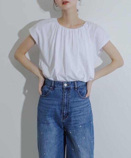 SENSE OF PLACE by URBAN RESEARCH(センスオブプレイスバイアーバンリサーチ)の「クールタッチフレンチスリーブタックブラウスTシャツ(Tシャツ/カットソー・レディース・ブラック/オフホワイト/オレンジ・ONE)」の2枚目の写真