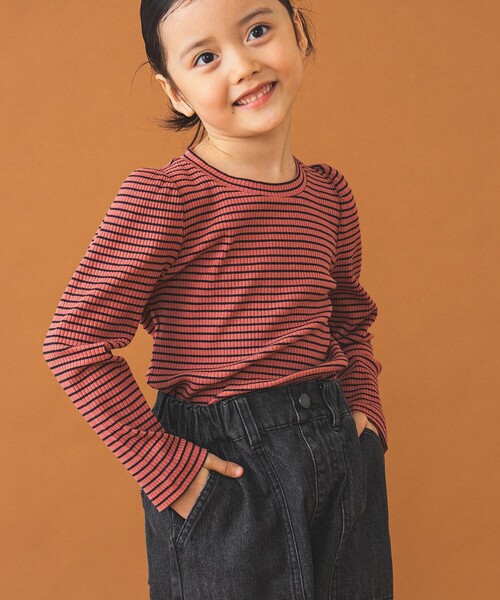 B:MING by BEAMS（ビーミングバイビームス）の「テレコ ボーダー パフスリーブ プルオーバー（100～140cm）（Tシャツ/カットソー・キッズ・グリーン/レッド系その他2・100/110/120/130/140）」の2枚目の写真