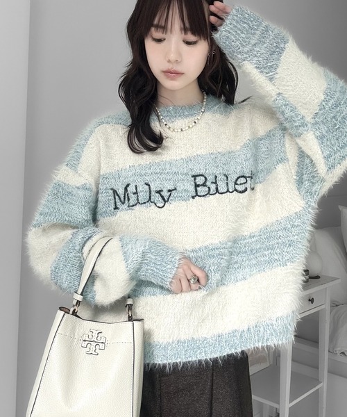 mily bilet(ミウィビレット)の「【mily bilet】ふわりミックスカラー。ロゴ刺繍スロープボーダーモールシャギーニット(ニット/セーター・レディース・ブラック/アイボリー/カーキ/ブルー・LARGE/MEDIUM/SMALL/X-LARGE)」の4枚目の写真
