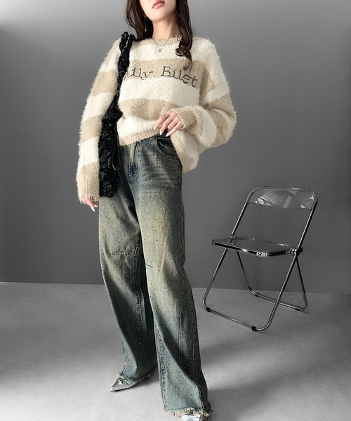 mily bilet(ミウィビレット)の「【mily bilet】ふわりミックスカラー。ロゴ刺繍スロープボーダーモールシャギーニット(ニット/セーター・レディース・ブラック/アイボリー/カーキ/ブルー・LARGE/MEDIUM/SMALL/X-LARGE)」の8枚目の写真