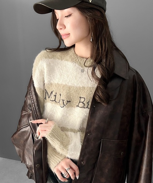 mily bilet(ミウィビレット)の「【mily bilet】ふわりミックスカラー。ロゴ刺繍スロープボーダーモールシャギーニット(ニット/セーター・レディース・ブラック/アイボリー/カーキ/ブルー・LARGE/MEDIUM/SMALL/X-LARGE)」の9枚目の写真