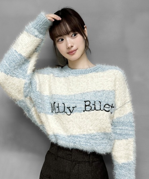 mily bilet(ミウィビレット)の「【mily bilet】ふわりミックスカラー。ロゴ刺繍スロープボーダーモールシャギーニット(ニット/セーター・レディース・ブラック/アイボリー/カーキ/ブルー・LARGE/MEDIUM/SMALL/X-LARGE)」の15枚目の写真