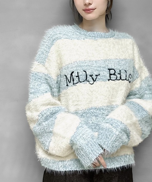 mily bilet(ミウィビレット)の「【mily bilet】ふわりミックスカラー。ロゴ刺繍スロープボーダーモールシャギーニット(ニット/セーター・レディース・ブラック/アイボリー/カーキ/ブルー・LARGE/MEDIUM/SMALL/X-LARGE)」の16枚目の写真