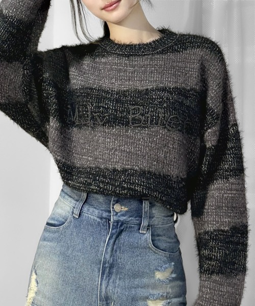 mily bilet(ミウィビレット)の「【mily bilet】ふわりミックスカラー。ロゴ刺繍スロープボーダーモールシャギーニット(ニット/セーター・レディース・ブラック/アイボリー/カーキ/ブルー・LARGE/MEDIUM/SMALL/X-LARGE)」の5枚目の写真