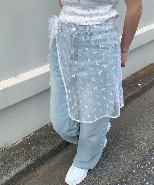 セール】ポケット リボン刺繍 ストレートデニム（デニムパンツ）｜Teem