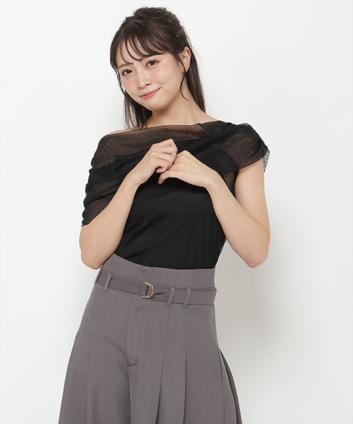 REDYAZEL(レディアゼル)の「アシメドレープチュールトップス(Tシャツ/カットソー・レディース・ブラック/オフホワイト/ピンク・FREE)」の3枚目の写真