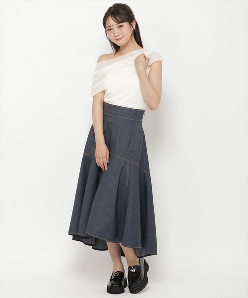 REDYAZEL(レディアゼル)の「アシメドレープチュールトップス(Tシャツ/カットソー・レディース・ブラック/オフホワイト/ピンク・FREE)」の6枚目の写真