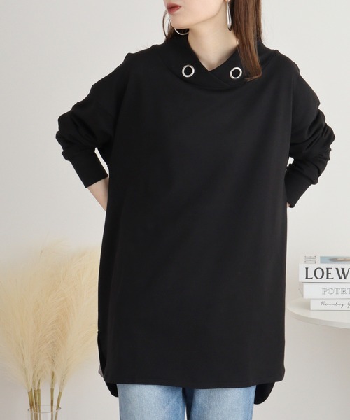 atONE(アットワン)の「ハイネックアイレットプルオーバー(Tシャツ/カットソー・レディース・ライトカーキ/杢グレー/ブラック・LL~3L/4L~5L/M-L)」の12枚目の写真