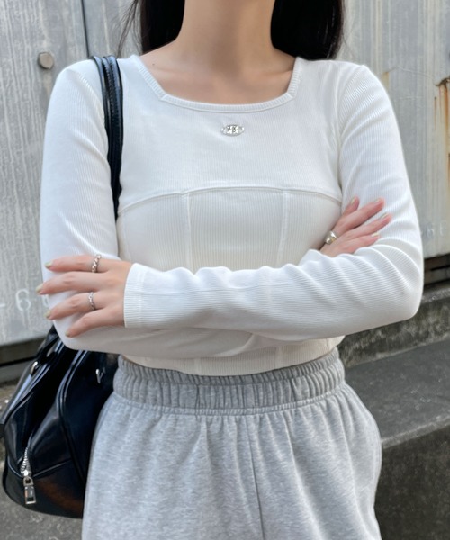 WEGO（ウィゴー）の「WEGO/ヴィンテージウォッシュコルセットデザイントップス（Tシャツ/カットソー・レディース・スミクロ/オフホワイト・FREE）」の7枚目の写真