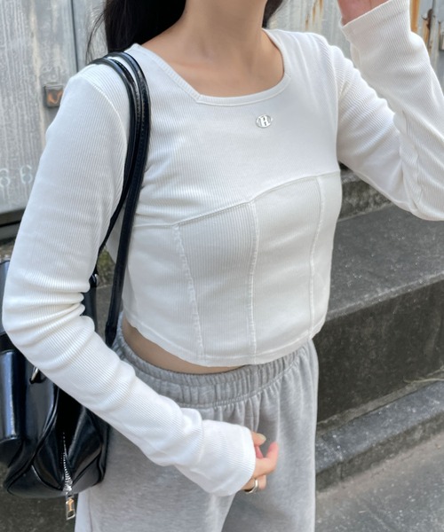 WEGO（ウィゴー）の「WEGO/ヴィンテージウォッシュコルセットデザイントップス（Tシャツ/カットソー・レディース・スミクロ/オフホワイト・FREE）」の8枚目の写真