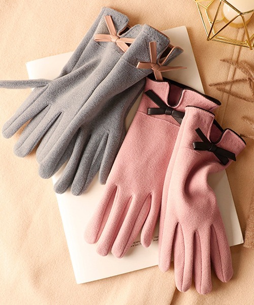 スマホ対応】レディース 裏起毛パイピングスリットリボン装飾グローブ