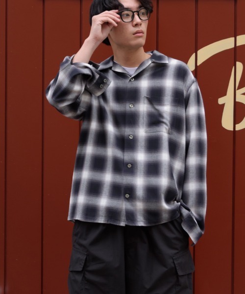 マインデニム オンブレチェックオープンカラーシャツ MINEDENIM マイン