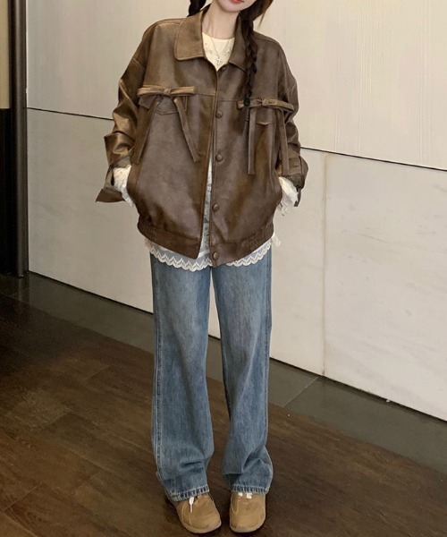 Achic（アシック）の「ブラウンリボンレザージャケット（テーラードジャケット・レディース・ブラウン・M）」の5枚目の写真