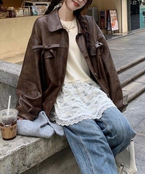 Achic（アシック）の「ブラウンリボンレザージャケット（テーラードジャケット・レディース・ブラウン・M）」の9枚目の写真