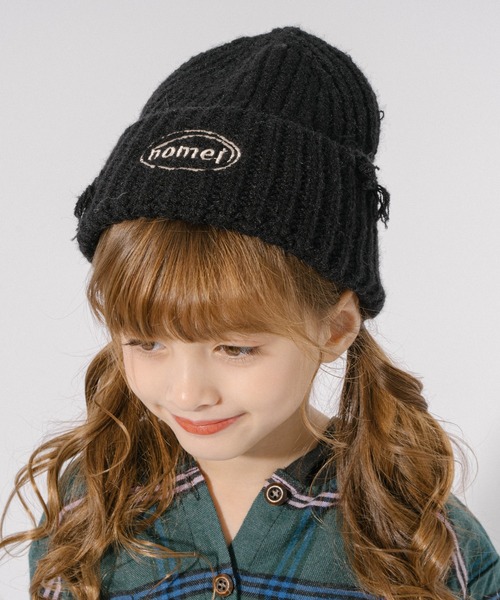 URBAN CHERRY（アーバンチェリー）の「ダメージデザインフロントロゴ刺繍ニットキャップ（ニットキャップ/ビーニー・キッズ・ブラウン/ピンク/ブラック/グレー・FREE）」の2枚目の写真