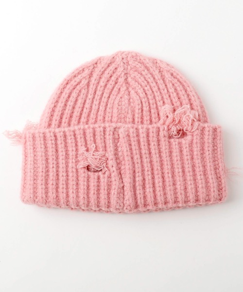 URBAN CHERRY（アーバンチェリー）の「ダメージデザインフロントロゴ刺繍ニットキャップ（ニットキャップ/ビーニー・キッズ・ブラウン/ピンク/ブラック/グレー・FREE）」の7枚目の写真