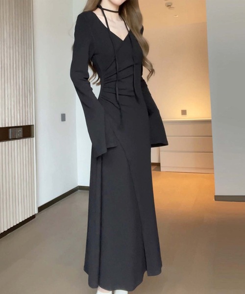 Jasmine Grandiflorum(ジャスミングランディフローラム)の「【Jasmine】アシメトリーデザインギャザーワンピース(ワンピース・レディース・ブラック/ベージュ・FREE)」の1枚目の写真