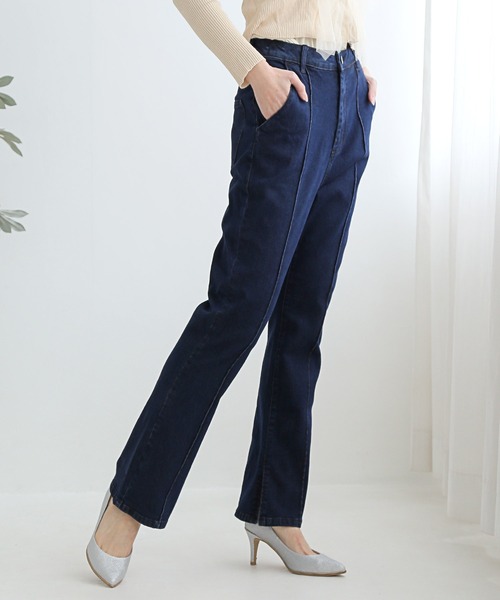 セール】ストレッチ センタープレス フレア デニム パンツ