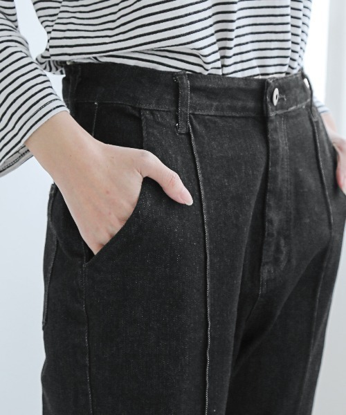 セール】ストレッチ センタープレス フレア デニム パンツ