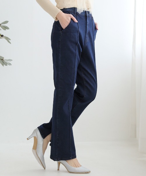 セール】ストレッチ センタープレス フレア デニム パンツ