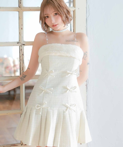 Tika(ティカ)の「キャバドレス ミニ フレア ツイード パール キャミソール ノースリーブ フェイクファー ラメ リボン プリーツドレス キャバワンピ(ドレス・レディース・ピンク/オフホワイト・LARGE/MEDIUM/SMALL/X-SMALL)」の9枚目の写真