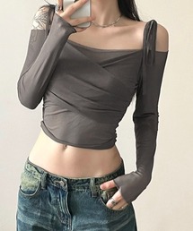 SHEPP（シープ）の「オフショルリボンストラップシアートップス（Tシャツ/カットソー）」