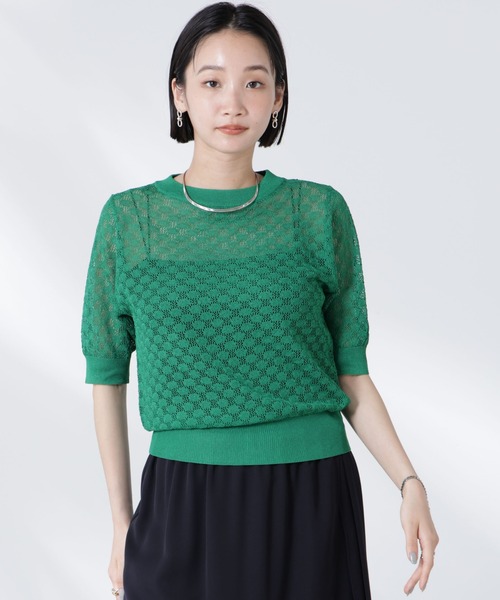 NANO universe（ナノユニバース）の「レース柄クルーネック半袖ニット（ニット/セーター・レディース・ホワイト/グリーン/ブラック・FREE）」の3枚目の写真