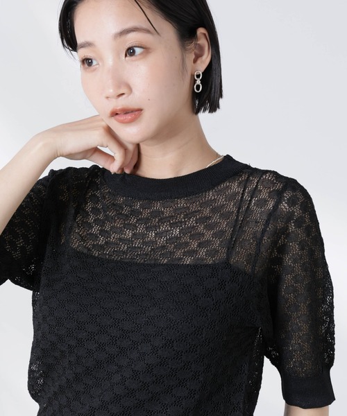 NANO universe（ナノユニバース）の「レース柄クルーネック半袖ニット（ニット/セーター・レディース・ホワイト/グリーン/ブラック・FREE）」の2枚目の写真